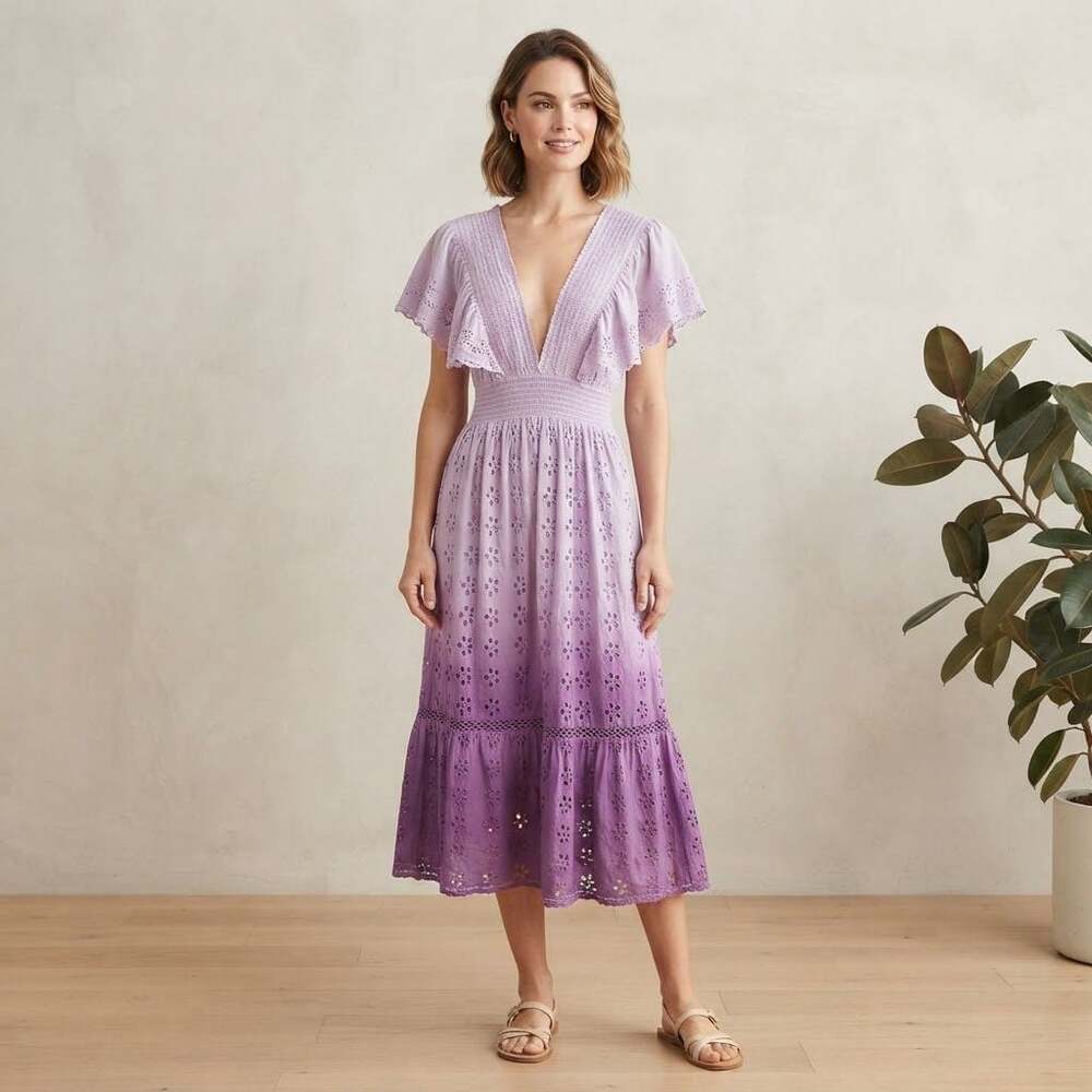 Anthropologie Luna Llena Purple Ombre Eyelet Midi Dress